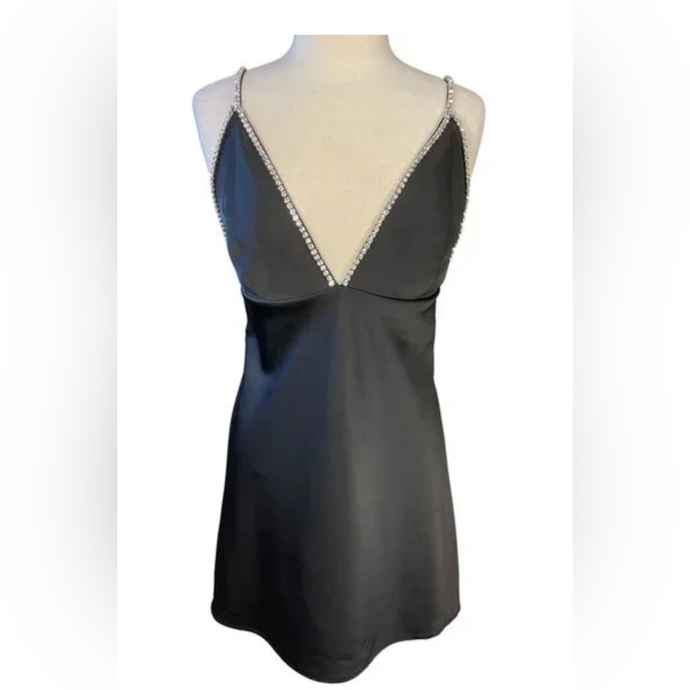 Revolve x House Of Harlow 1960 Mini Dress Satin Black Rhinestone‎ Straps Sz 4